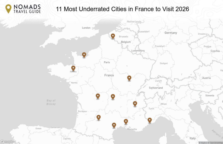 Map of the 11 Most Underrated Cities in France to Visit: Hidden Gems Beyond Paris walking route with 11 stops.