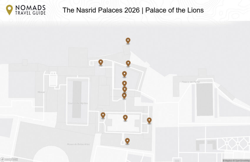 Map of the The Nasrid Palaces | Palace of the Lions walking route with 11 stops in Granada.