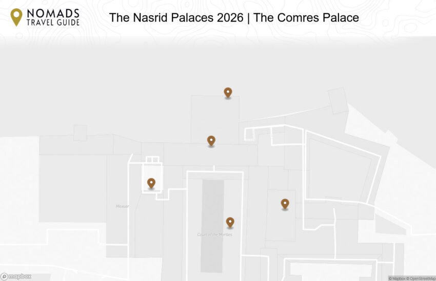 Map of the The Nasrid Palaces | The Comres Palace walking route with 5 stops in Granada.