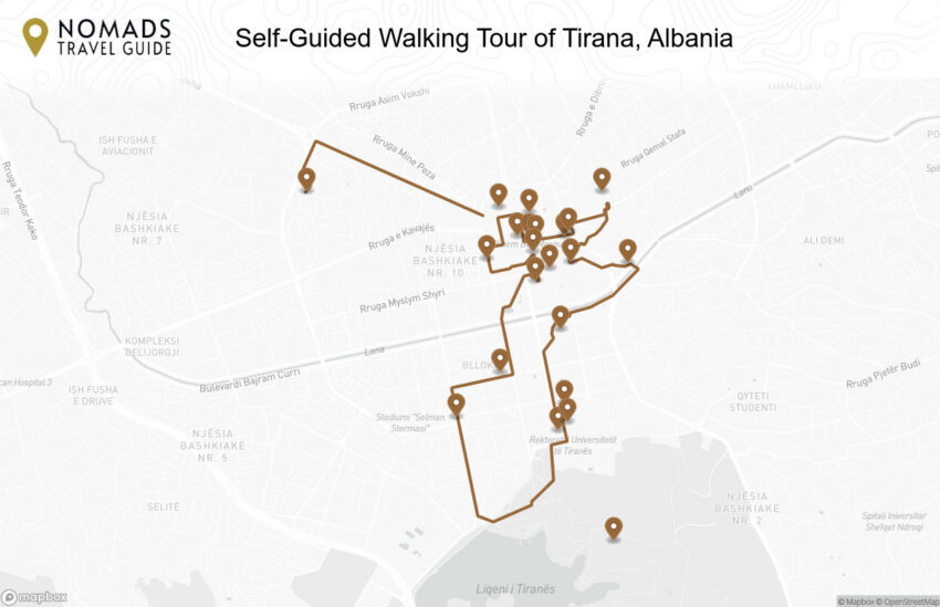 Map of the Self-Guided Walking Tour of Tirana, Albania walking route with 22 stops in Tirana.