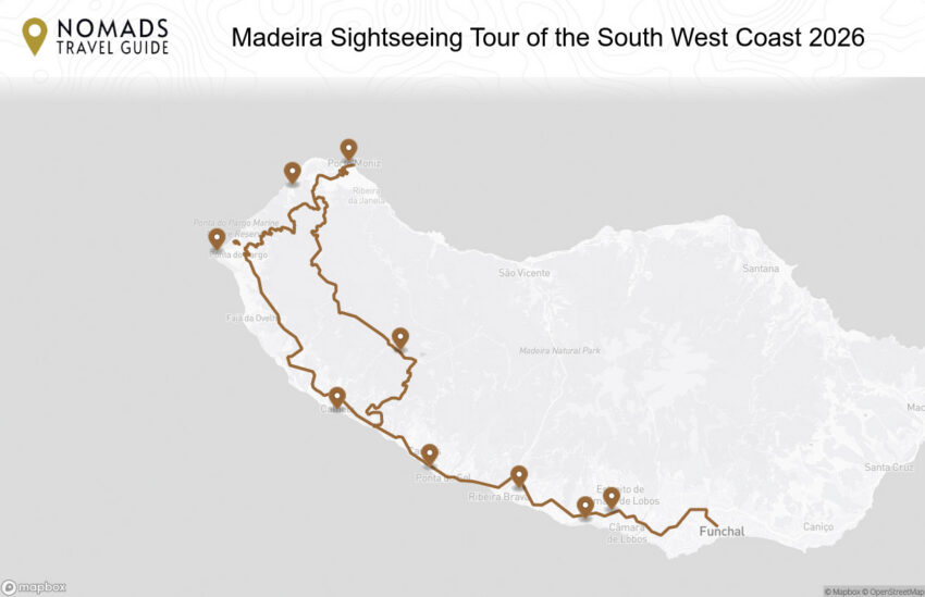 Map of the Madeira Sightseeing Tour of the South West Coast: Scenic Drive & Highlights walking route with 9 stops in Funchal (Madeira).