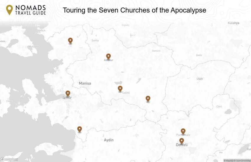 Map of the Touring the Seven Churches of the Apocalypse walking route with 8 stops in Izmir.