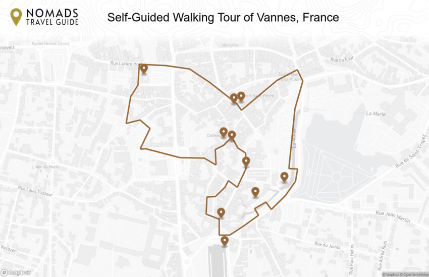 Map of the Self-Guided Walking Tour of Vannes, France walking route with 10 stops in Vannes.
