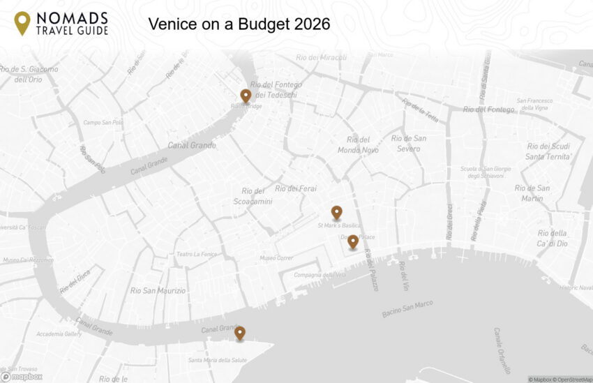 Map of the Venice on a Budget: How to Explore the City for Less walking route with 4 stops in Venice.