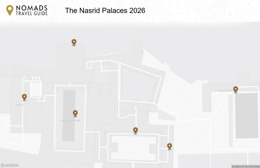 Map of the The Nasrid Palaces: The Heart of the Alhambra walking route with 6 stops in Granada.