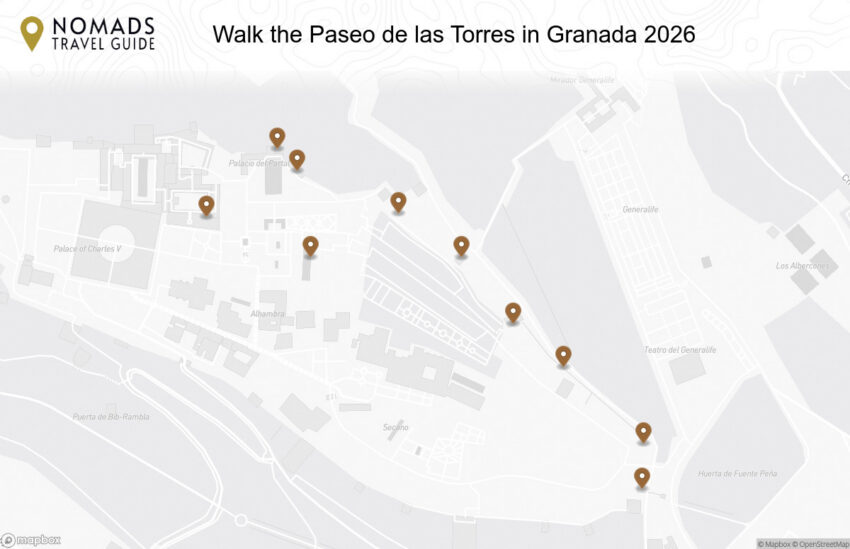 Map of the Walk the Paseo de las Torres in Granada: Views, Towers & History walking route with 10 stops in Granada.