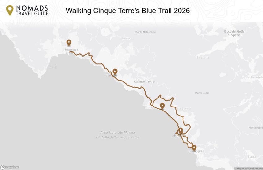 Map of the Walking Cinque Terre’s Blue Trail: Map, Sections & Tips walking route with 5 stops in Manarola.