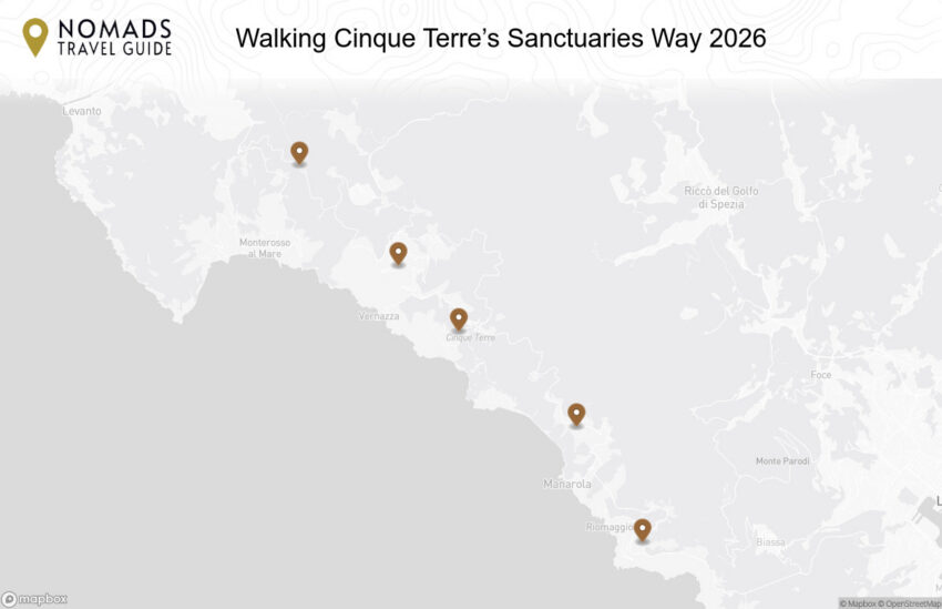 Map of the Walking Cinque Terre’s Sanctuaries Way: Map, Route & Highlights walking route with 5 stops in Manarola.