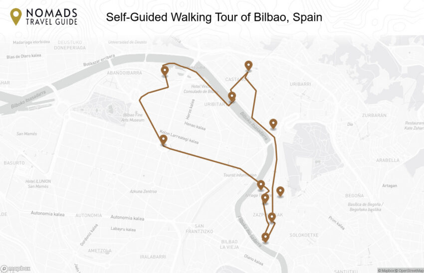 Map of the Self-Guided Walking Tour of Bilbao, Spain walking route with 10 stops in Bilbao.