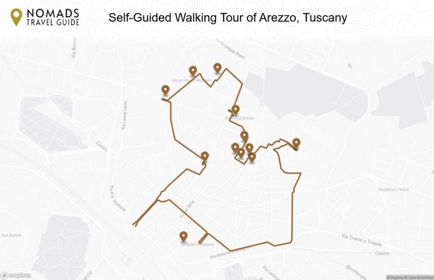Map of the Self-Guided Walking Tour of Arezzo, Tuscany walking route with 12 stops in Arezzo.