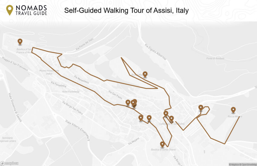 Map of the Self-Guided Walking Tour of Assisi, Italy walking route with 13 stops in Assisi.