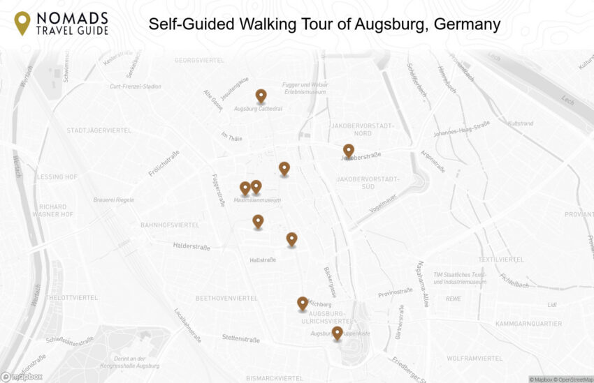 Map of the Self-Guided Walking Tour of Augsburg, Germany walking route with 9 stops in Augsburg.