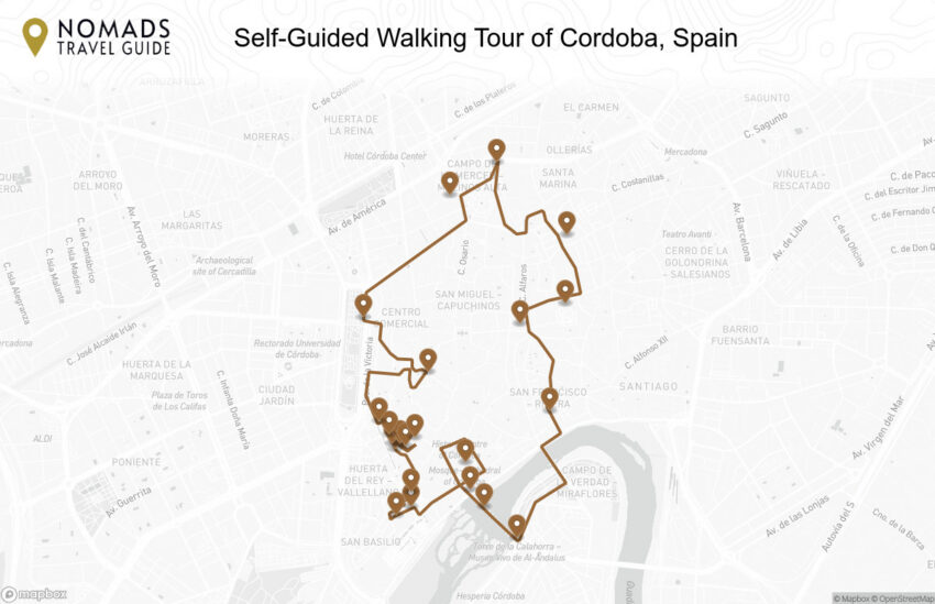 Map of the Self-Guided Walking Tour of Cordoba, Spain walking route with 22 stops in Córdoba.