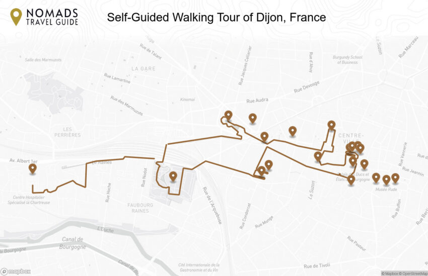 Map of the Self-Guided Walking Tour of Dijon, France walking route with 20 stops in Dijon.