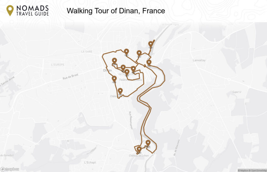 Map of the Walking Tour of Dinan, France walking route with 12 stops in Dinan.