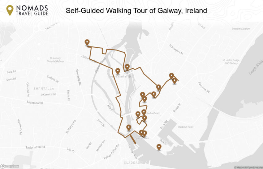 Map of the Self-Guided Walking Tour of Galway, Ireland walking route with 16 stops in Galway.