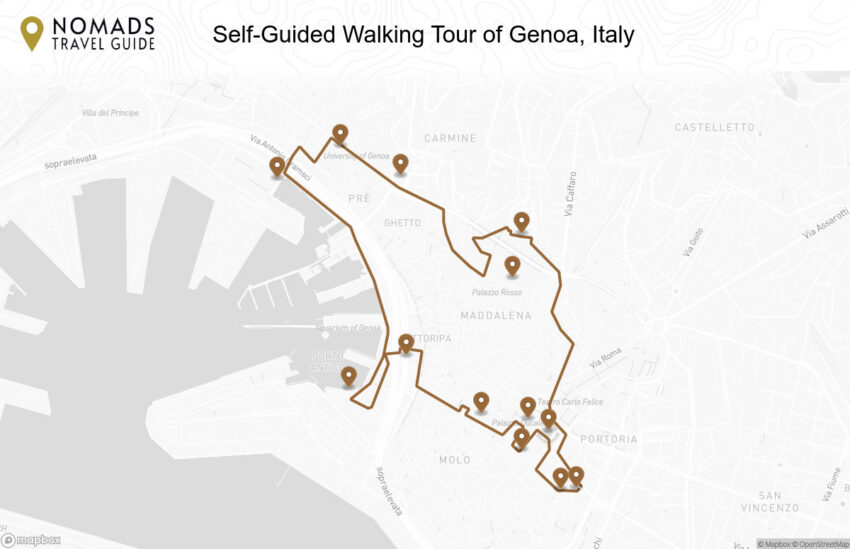Map of the Self-Guided Walking Tour of Genoa, Italy walking route with 13 stops in Genoa.