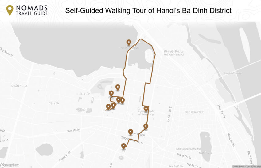 Map of the Self-Guided Walking Tour of Hanoi’s Ba Dinh District walking route with 11 stops in Hanoi.