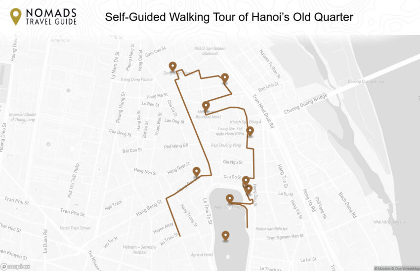 Map of the Self-Guided Walking Tour of Hanoi’s Old Quarter walking route with 9 stops in Hanoi.