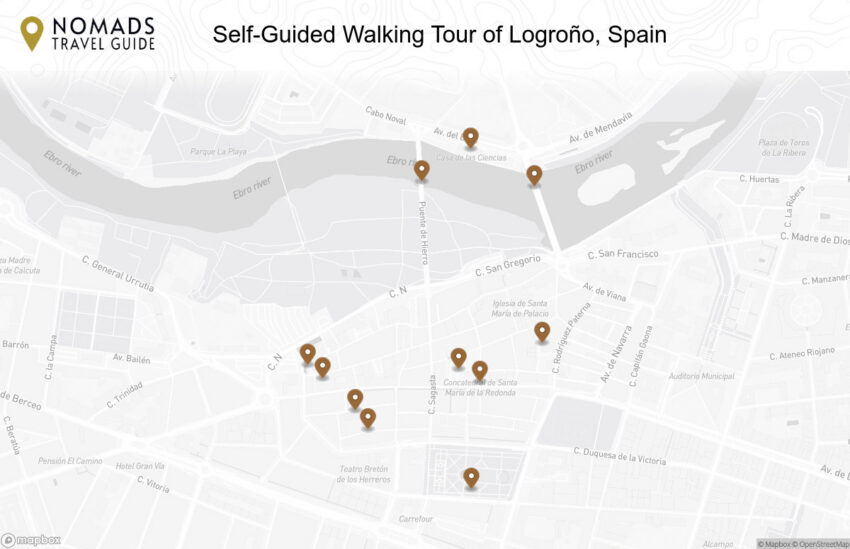 Map of the Self-Guided Walking Tour of Logroño, Spain walking route with 11 stops in Logroño.