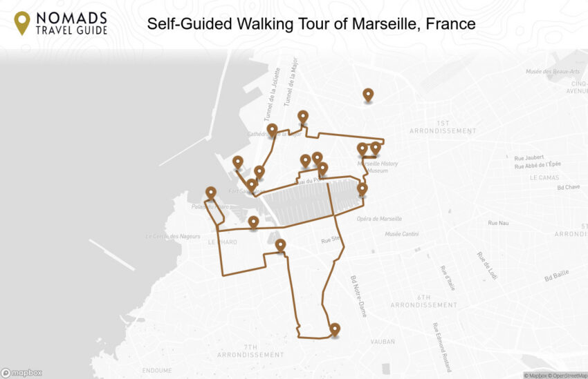 Map of the Self-Guided Walking Tour of Marseille, France walking route with 16 stops in Marseille.
