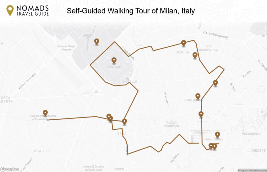 Map of the Self-Guided Walking Tour of Milan, Italy walking route with 14 stops in Milan.