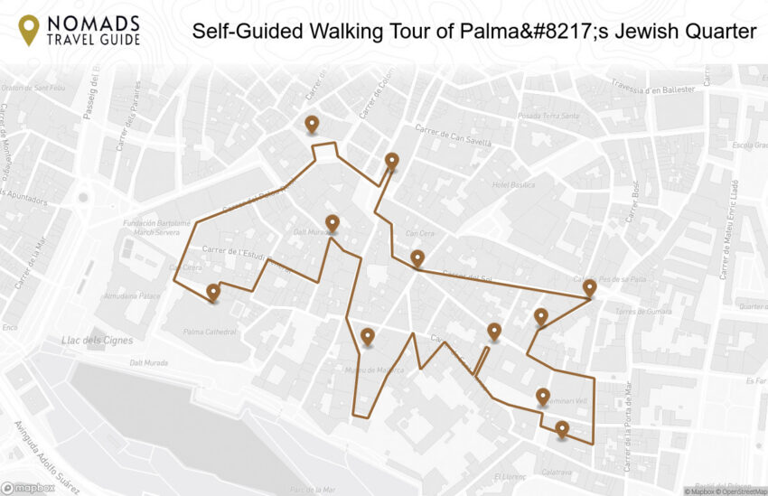 Map of the Self-Guided Walking Tour of Palma’s Jewish Quarter walking route with 11 stops in Palma de Mallorca.