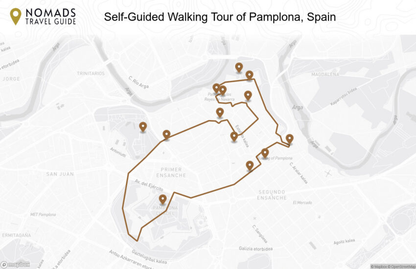 Map of the Self-Guided Walking Tour of Pamplona, Spain walking route with 13 stops in Pamplona.