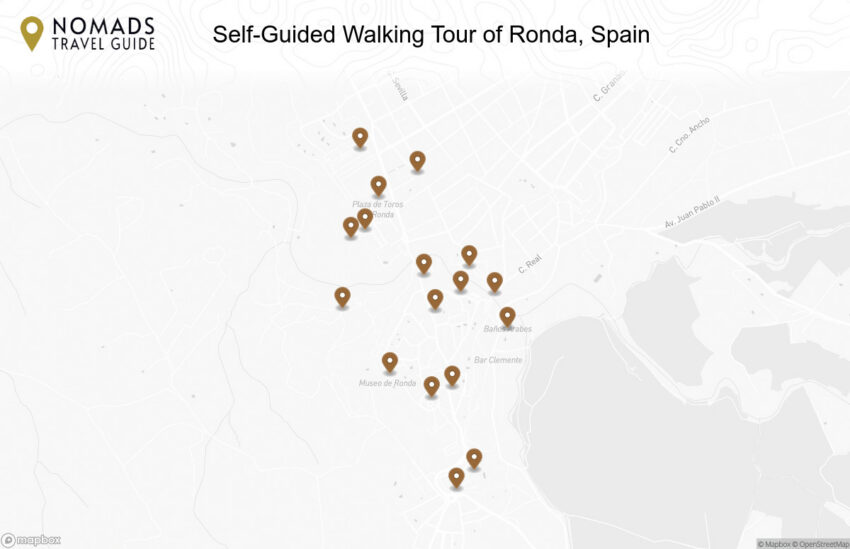 Map of the Self-Guided Walking Tour of Ronda, Spain walking route with 17 stops in Ronda.