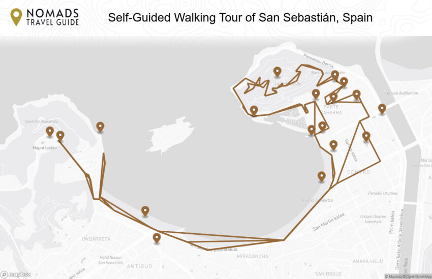 Map of the Self-Guided Walking Tour of San Sebastián, Spain walking route with 18 stops in San Sebastián.