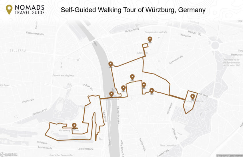 Map of the Self-Guided Walking Tour of Würzburg, Germany walking route with 9 stops in Würzburg.