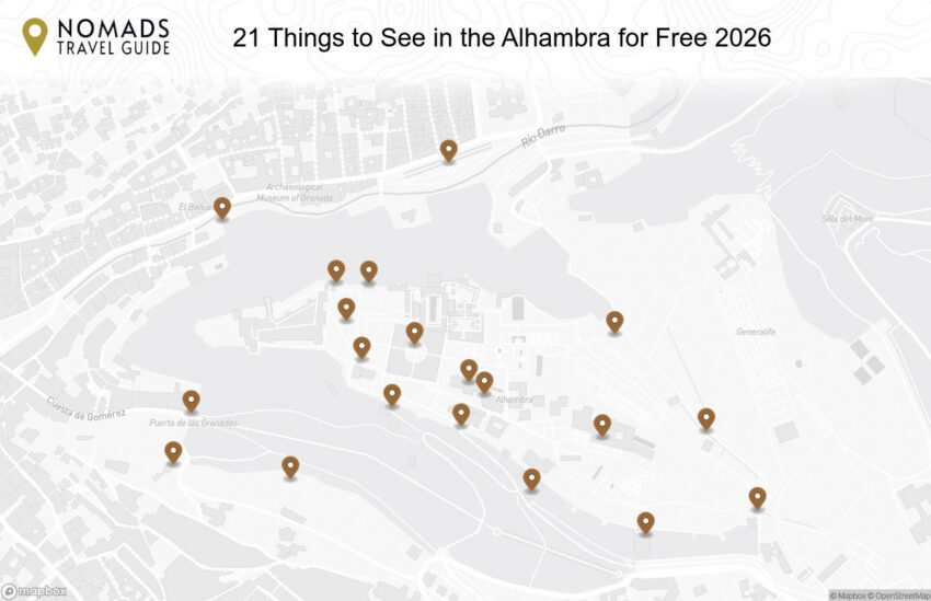 Map of the 21 Things to See in the Alhambra for Free walking route with 20 stops in Granada.