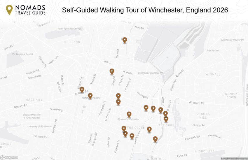 Map of the Self-Guided Walking Tour of Winchester, England walking route with 17 stops in Winchester.