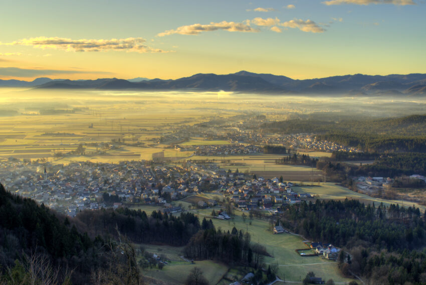 Skofja Loka in Winter from hill